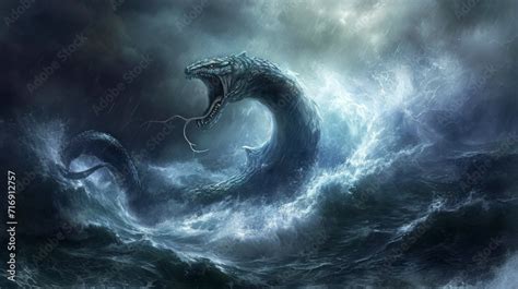 great biblical sea monster leviathan rising from the sea with big waves ...