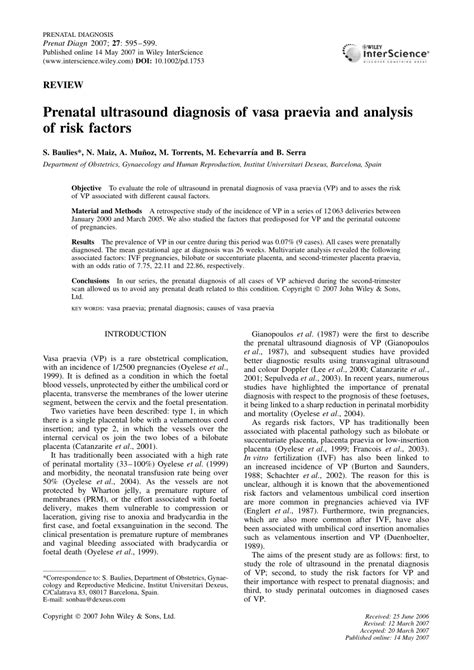 (PDF) Prenatal ultrasound diagnosis of vasa praevia and analysis of ...