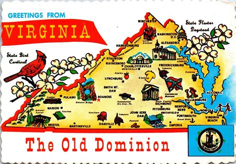 Continental Size Postcard Animated Pictorial MAP of Virginia "The OLD Dominion" | United States ...