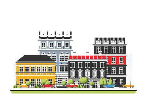 City district with old buildings in flat style with trees and cars ...