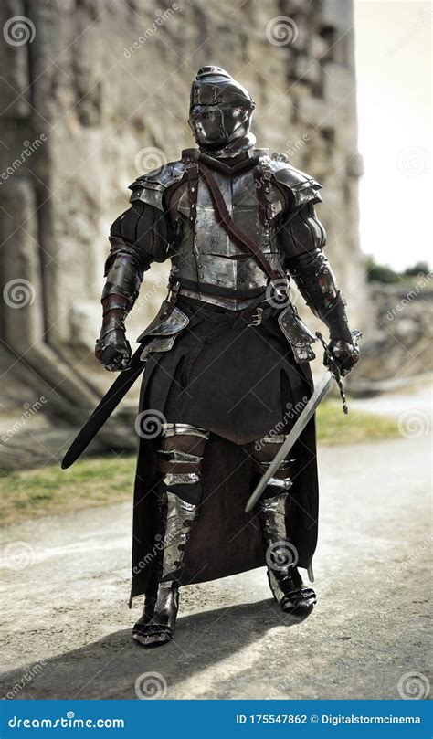 Brave Medieval Knight Standing Guard in a Full Suit of Armor and ...