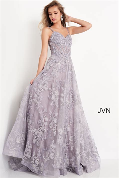 JVN06474 | Lilac Corset Embroidered Bodice Maxi Prom Dress