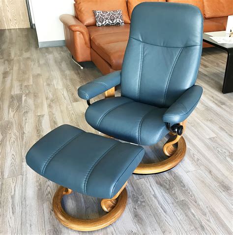 Stressless Consul Recliner Chair and Ottoman Batick Atlantic Blue Leather by Ekornes ...