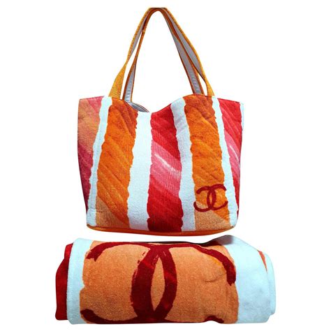 New Chanel beach bag + towel Pink White Multiple colors Orange Cotton ...