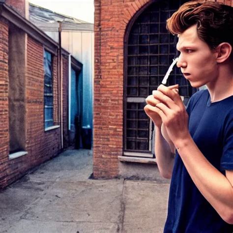 tom holland smoking a cigarette outside of an | Stable Diffusion