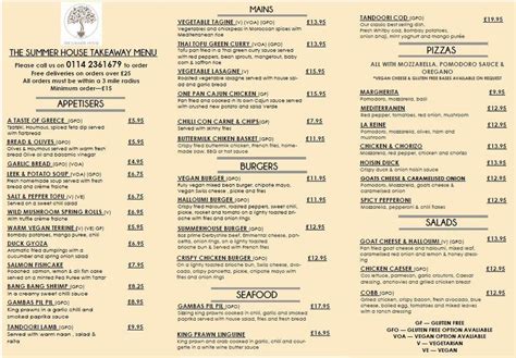 Menu at The Summer House Sheffield restaurant, Sheffield