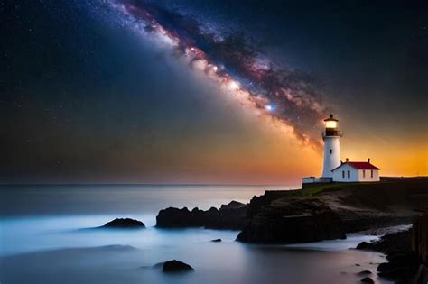 Premium Photo | A lighthouse on a night sky with the ocean in the background