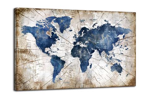 Large World Map Canvas Wall Art Abstract Navy Watercolor World Map With ...