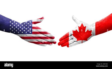 Handshake between Canada and USA flags painted on hands, isolated transparent image Stock Photo ...