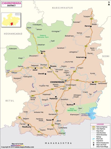 Chhindwara District Map showing major roads, district boundaries ...