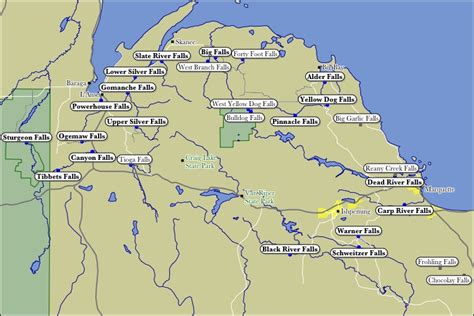 Map of Marquette and Baraga County WaterFalls