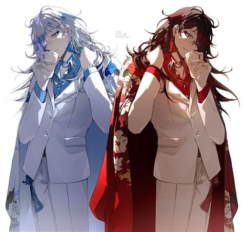 two anime characters one with long hair and the other with short hair, standing next to each other