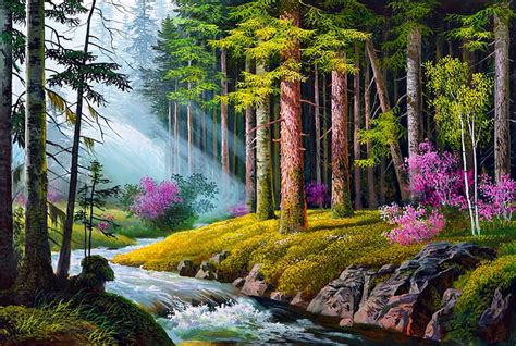 Forest beauty, stream, pretty, glow, shine, bonito, painting, beauty ...