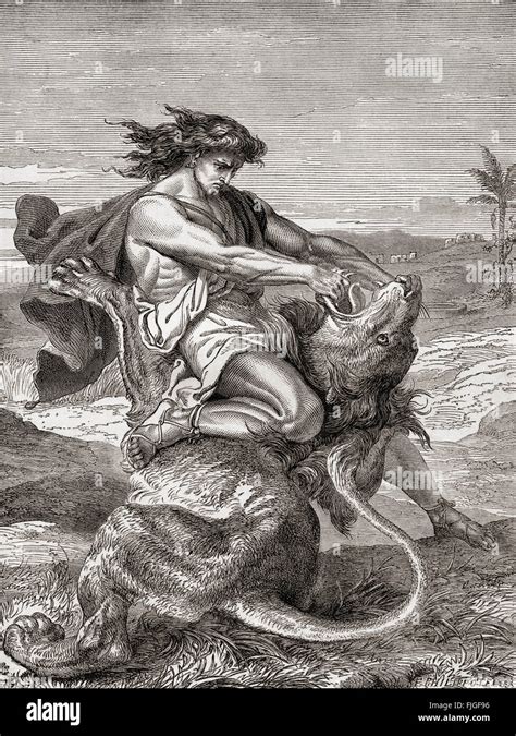 Samson killing the lion, from The Book of Judges, Old Testament Stock ...