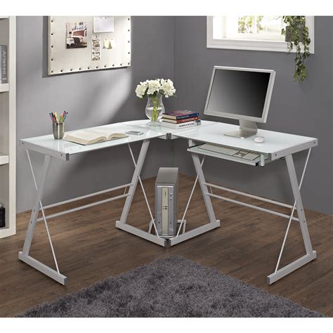 51" Corner Writing Computer Office Desk - White Metal & Tempered Glass - LAVORIST