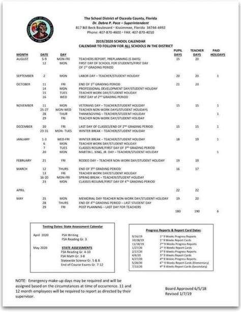 Osceola School District Announces 2019-20 Bell Times and School Calendar