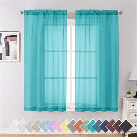 OVZME Green Short Sheer Curtains 54 inches Length 2 Pieces, Light Filtering Soft Voile Kitchen ...