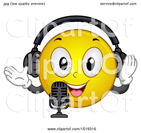 Clipart of a Yellow Smiley Emoji Wearing Headphones and Talking into a Microphone - Royalty Free ...