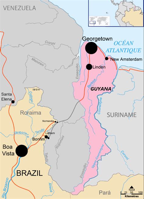 Map of Guyana showing the Borders with Venezuela-Brazil-Suriname ...