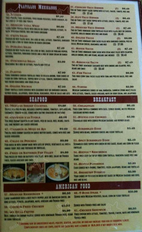 Menu at El Tepeyac restaurant, Blanchard, Veterans Memorial Hwy