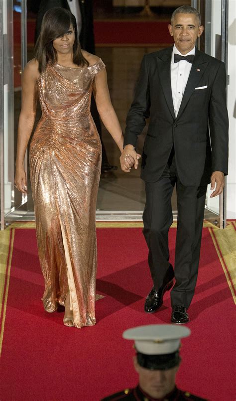 Michelle Obama's State Dinner Atelier Versace Bedazzled Rose Gold Gown ...