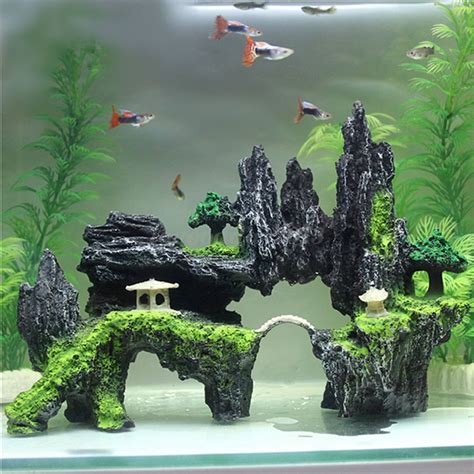 1x Aquarium Rockery Ornament Hiding Cave Mountain View Tree Fish Tank Decoration for sale online ...