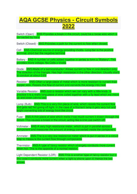 AQA GCSE Physics - Circuit Symbols 2022 - Browsegrades