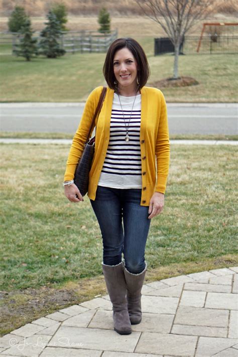 Fashion Over 40: gold cardigan over black-and-white striped tee Trendy Business Casual Outfits ...