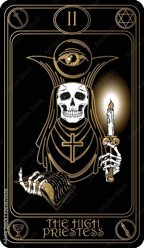 The High Priestess. The 2nd card of Major arcana black and gold tarot cards. Vector hand drawn ...