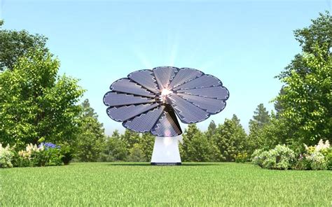 A Single SmartFlower Solar Panel Stands in a Clearing Framed by Trees and Flowers # ...