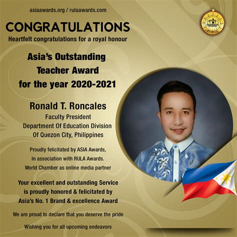 Ronald T Roncales has bagged Asia's Outstanding Teacher Award