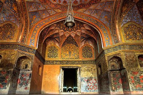 The colourful interior of the Tomb of Akbar the Great, an important Mughal architectural ...