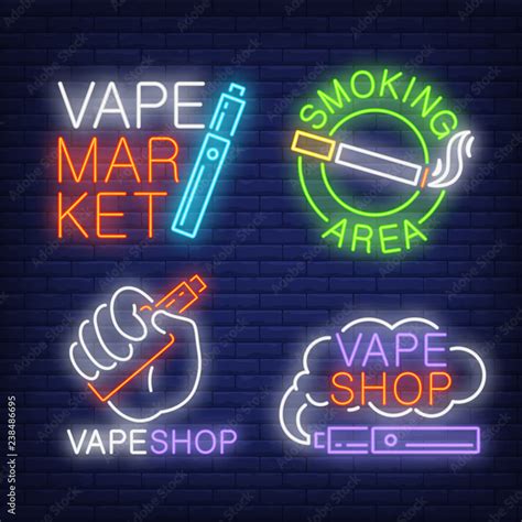 Tobacco and electronic cigarettes neon signs set with text. Vape shop ...