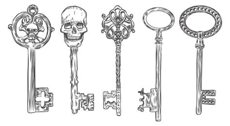 Set Of Hand Drawn Antique Keys Sketch Style Of Vintage Key On White ...