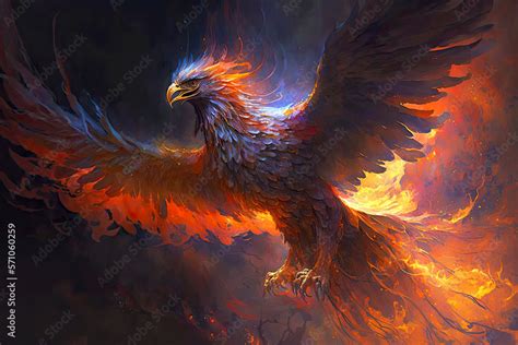 high in sky among burning flames enormous bird phoenix firebird ...