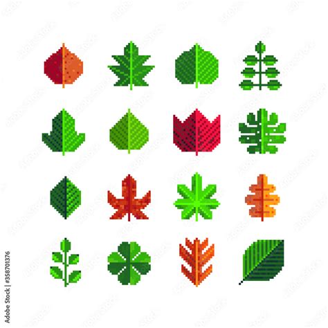 leaves of tree pixel art 8-bit style icons set, different types, isolated vector illustration ...