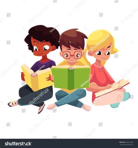 Three Children Boys Girls Reading Interesting Stock Vector (Royalty ...