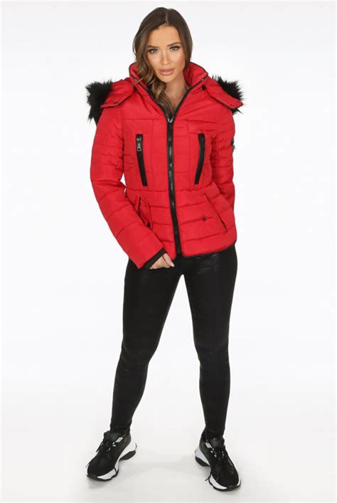 Red Faux Fur Hood Funnel Neck Puffer Jacket