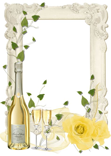 Delicate Transparent PNG Frame with Yellow Roses and Champagne | Marcos para fotos de boda ...