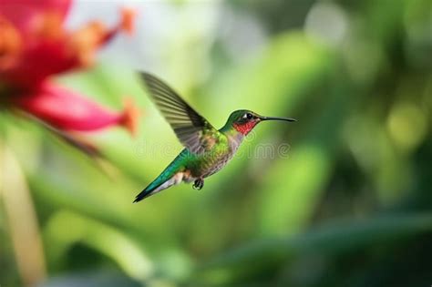 Hummingbird Hovering Next To Blooming Flowers. Beautiful Hummingbird ...