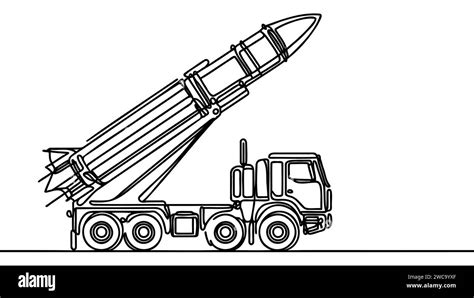 Mobile launch rocket system, Missile vehicle. ballistic missile launcher. One line drawing for ...