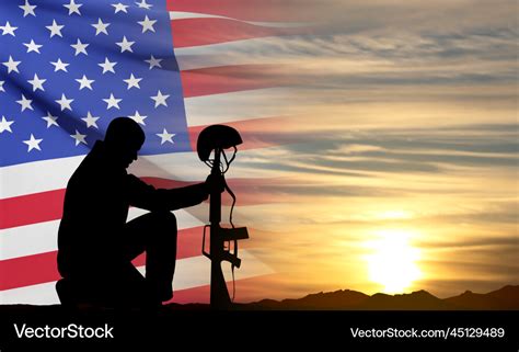 Silhouette of soldier kneeling down and usa flag Vector Image
