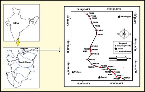 Sampling locations in Ponnai River, Tamilnadu (Map drawn using the ...