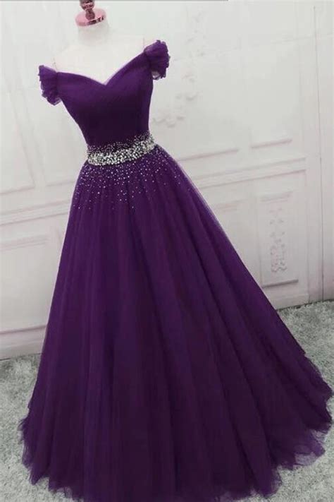 Off the Shoulder Dark Purple Long Prom Dress with Beadings, Off Shoulder Purple Formal ...