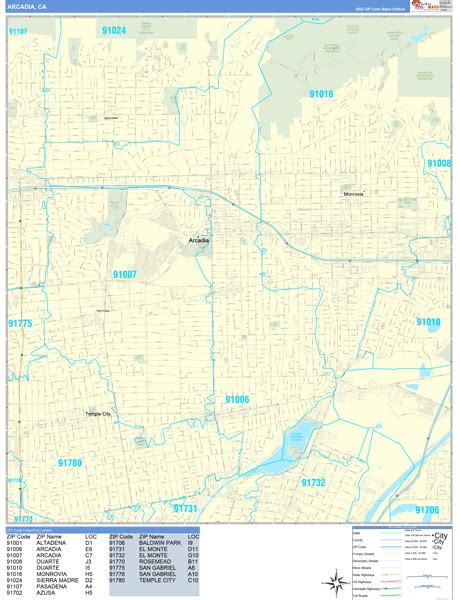 Arcadia, CA Wall Map Basic Style