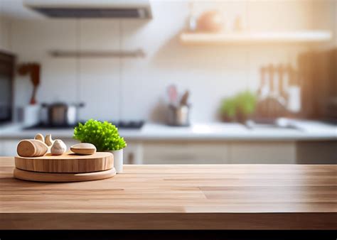Premium Photo | Wood table top on blur kitchen counter background for montage product display ai ...