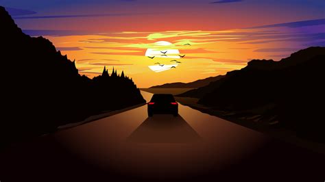 Vector illustration of colorful sunset wit a car driving on straight road and trees in ...