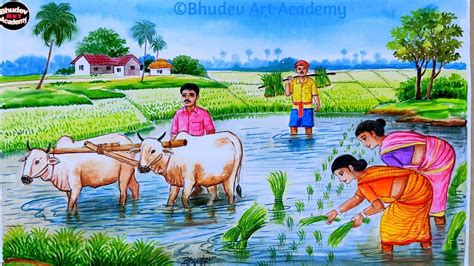 Indian Village Farmer Painting With Watercolor|How To Draw Easy Village ...