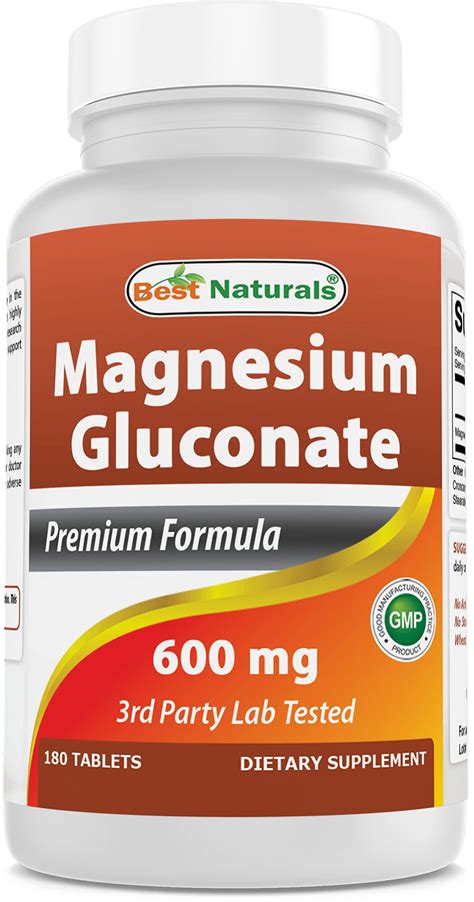 Best Naturals Magnesium Gluconate (35 mg Elemental Magnesium from 600mg of Magnesium Gluconate ...