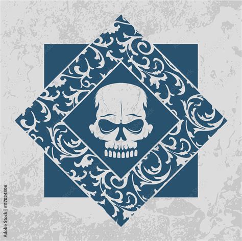 Skull graffiti stencil with floral pattern frame. T-shirt print ...